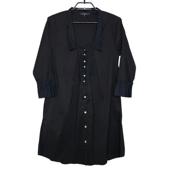 Cotelac Dress Size 2 US 8 Black Tunic Ruched Lagenlook Mixed Media Button Up - Picture 1 of 7